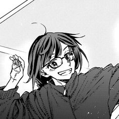 an anime character with long hair and glasses holding his hand up in the air while looking at