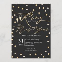 a black and gold wedding party card with champagne glasses