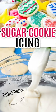 sugar cookie icing is being poured into a glass bowl with cookies in the background