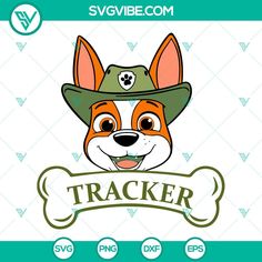 a dog wearing a hat with the word tracker on it's chest and an image of