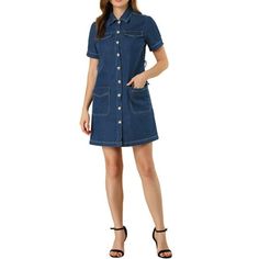 Featuring a point collar, button-down, and belt for a casual chic look. Pair with ankle boots or chunky sneakers for a casual look. This denim shirt dress is the good choice for fall or spring. The cotton-blend denim fabric keeps the dress has a refined silhouette and ensures all-day comfort. Comes with a belt, gathering around the waist bringing a feminine touch. Add another cooler-season dress to your assortment with this style. This shirtdress comes short sleeve with a flattering tie waist an Casual Collared Denim Dress, Casual Knee-length Denim Dress For Work, Casual Collared Denim Dress For Fall, Casual Dark Wash Denim Dress With Buttoned Pockets, Collared Blue Denim Dress For Work, Collared Denim Dress With Button Closure For Work, Blue Collared Denim Dress For Work, Trendy Collared Denim Dress In Relaxed Fit, Trendy Collared Denim Dress With Relaxed Fit