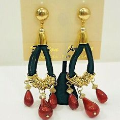 Vintage 80s Earrings Shoulder Duster Red Teardrop Dangle Gold Pierced Statement | eBay 80s Earrings, Teardrop Beads, Original Card, Knit Cotton, Statement Earrings, Gold Tones, Vintage Jewelry, Jewelry Earrings Dangle, Dangle Drop Earrings