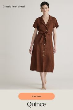 This midi linen dress should be in every wardrobe. Made from 100% organic linen and designed to be versatile, with elegant buttons down the front, and two pockets at the waist, and adjustable removable belt for the perfect fit.  | Quince | Women's Short Sleeve Dress in Chocolate, Size XS, Linen Midi Linen Dress, Button Front Dress, European Linens, Organic Linens, Short Sleeve Dress, Linen Women, Linen Dress, Quince, Sleeve Dress