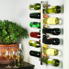 a wall mounted wine rack with several bottles and glasses on it next to a potted plant