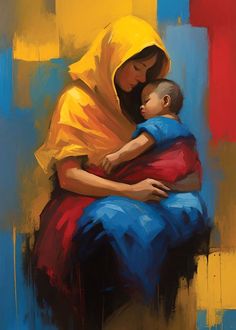 a painting of a woman holding a baby in her arms and wearing a yellow shawl