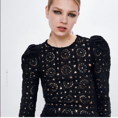 Brand New With Tags. Size Small Black Crochet Lace Tops For Party, Elegant Black Crochet Lace Tops, Chic Zara Crochet Lace Top, Fitted Zara Crochet Top, Black Fitted Crochet Top For Fall, Chic Fitted Crochet Top For Party, Spring Party Crochet Top With Hollow Out Details, Chic Black Top With Crochet Lace, Black Crochet Top For Summer Party