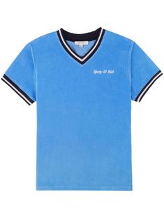 blue cotton stripe trim embroidered logo at the chest V-neck short sleeves straight hem When buying this unisex item, keep in mind that it is graded in standard men's sizing. Blue Short Sleeve T-shirt With Contrast Stripes, Blue College T-shirt With Embroidered Logo, Cotton V-neck Tops With Contrast Stripes, Cotton V-neck Top With Contrast Stripes, Blue Varsity T-shirt With Relaxed Fit, Classic Blue College Tops, Blue V-neck T-shirt For Loungewear, Classic Blue Top For Everyday Wear, Classic Blue Tops For Loungewear