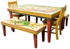 handcrafted dining table set with floral and four seasons motif Handcrafted Dining Table, Wood Benches, Hot Plates, Dining Table Set, Wood Bench, Rectangular Dining Table, Des Moines