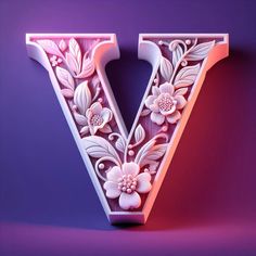 the letter v is decorated with flowers and leaves on it's sides, as well as an uppercase