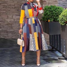 Mixed Print Midi Dress – Diva's Den Fashion Short Office Dress, Office Wears, Pleated Collar, Lingerie Shoot, Gaun Fashion, Office Dresses For Women, Bow Collar, Office Dress, High Waist Dress