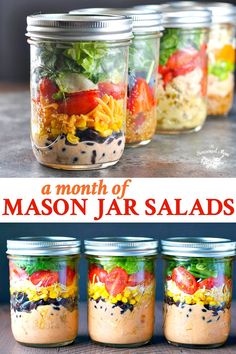 mason jar salad recipe in jars with the title overlay reading, a month of mason jar salad