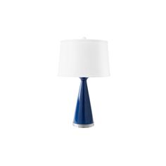 a blue table lamp with a white shade