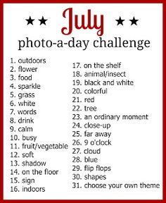 the july photo - a - day challenge is shown with red and white stars on it