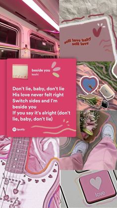 the pink guitar is on display in this collage with words about love and music