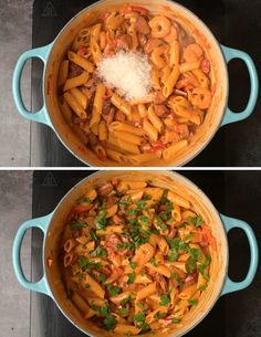 two pictures showing the same pasta in different pans