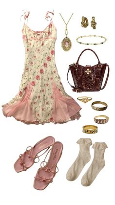 Colourful Summer Dresses, Lovergirl Aesthetic Outfits, K12 Outfit Ideas, Pink Fairy Core Outfits, Girlycore Outfit, Y2k Cottagecore Outfits, Flowercore Outfit, K-12 Inspired Outfits, Soft Y2k Outfits