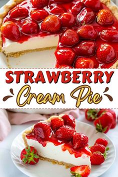 strawberry cream pie on a white plate with strawberries in the background and text overlay