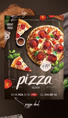 a pizza flyer is displayed on a wooden table with other food items and garnishes