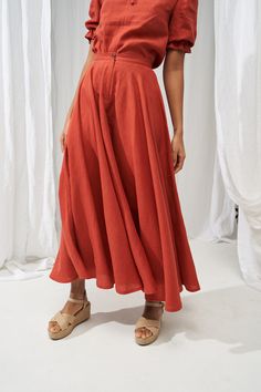 "Dance icon from the 1950s - the iconic circle skirt. Full circle makes it easy to get the most pleasure out of dancing. Design features a classic button closure so you could team the skirt with any casual looks. FABRIC: 100% softened Lithuanian linen COLOR: Please choose a color from the drop-down list. STYLE: Maxi length high-waist linen full circle skirt. Features a hidden zipper and one button closure at the front. SIZE CHART: 2 US/ 6 AU/ 34 EU: Bust 31.5\" (80 cm) , Waist 23\" (59 cm), Hips Vintage Long Linen Skirt, Chic Linen Full Maxi Skirt, Chic Full Linen Maxi Skirt, Fitted Linen Tiered Skirt, Elegant Full Linen Maxi Skirt, Fitted Linen Maxi Skirt, Linen Fitted Skirt With Gathered Details, Vintage Linen Skirt For Spring, Chic Linen Voluminous Skirt