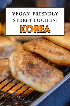 some food is cooking on a grill with the words vegan - friendly street food in korea