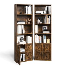 an open bookcase with two doors and shelves on each side, filled with books