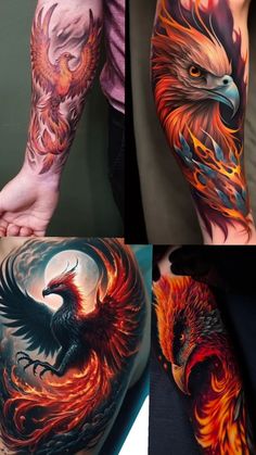 some tattoos that have different colors and designs on their arms, leg and arm sleeves