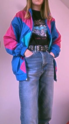 80s Fashion Windbreaker Outfit, Colorful Jacket 90s, Tomboy 80s Outfits, Colorful Windbreaker Outfit, 80s Outfits Colorful, 80s Outfits With Jeans, Retro Windbreaker Outfit, 80s Colorful Fashion, Retro Outfits 80s 1980s Vintage