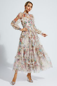 Absolutely exquisite design belongs to our new Saige Apricot Floral Long Sleeve Maxi Dress. Crafted from delicate organza, sheer long sleeves, and a ruched silhouette accented with a floral print, it's all just right. Whether worn as a wedding dress or for an important reception, this maxi dress looks just as good. No need to worry, just put on high heels to complete your elegant and fashionable look. --Dress Length: Approx 135cm --Materials: Organza --Model is 5 ft 74 and wears size S Elegant Dresses Cocktail, Floral Long Sleeve Maxi Dress, Long Sleeve Floral Maxi Dress, Cutout Maxi Dress, Sleeve Maxi Dress, Long Sleeve Maxi, Embroidery Dress, Product Images, Look Chic