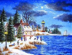 a painting of people playing in the snow next to a light house and lighthouse at night