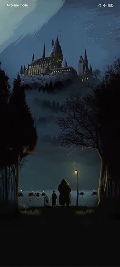 the poster for harry potter is shown in front of a castle with lights on it