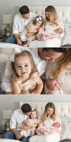 three photos of people holding their babies and posing for the camera, while they sit on a bed