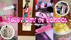 a collage of photos with the words first day of school written in pink on it