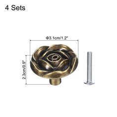 an image of a metal rose knob with screw in the middle and measurements for it