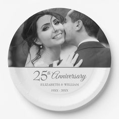 a white paper plate with a black and white wedding photo on the front that says 25 th anniversary