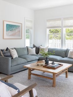 a living room with two couches and a coffee table in front of the window