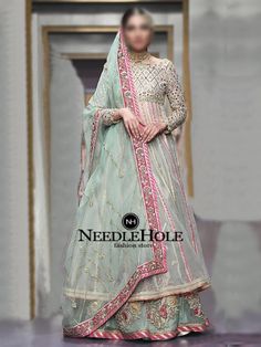 Deepak Perwani anarkali bridal lehenga in light tea green color. Find wedding gown with lehenga and dupatta at Newark New Jersey dress store WD1002059 Desi Sharara, Desi Lehenga, Pakistani Marriage, Tea Green Color, Anarkali Outfit, Muslim Bridal Dress, Asian Gowns