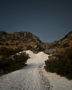 a snow covered path in the middle of a mountain with rocks and bushes on both sides