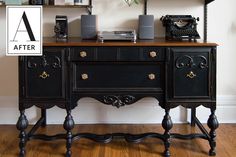 an old fashioned desk with two shelves and some typewriters on the top shelf