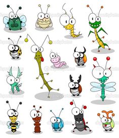 cartoon bugs and insects with different expressions