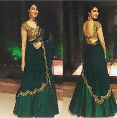 Dark Green Half Saree, Green Half Saree, Half Saree Lehenga, Lehenga Blouse Designs, Green Lehenga, Half Saree Designs