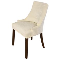 a white chair sitting on top of a wooden leg rest with an upholstered back