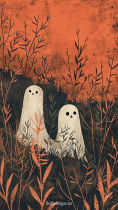 two ghost like creatures in the grass with an orange sky behind them and leaves on the ground