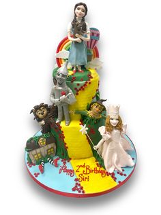 a birthday cake decorated with an image of alice and the seven dwarfs