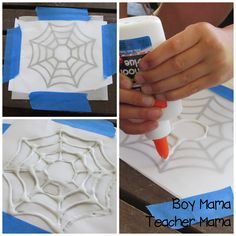 spider web stencil being used to decorate paper machs with boy mama teacher mama stamp