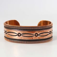 Copper Cuff Bracelet with Hand-Stamped Designs. .75” Cuff Width5.25” Inside Measurement, plus 1” opening(6.25" Total Circumference - Small-Medium) Copper Cuff Bracelet, Copper Cuff, Leather Projects, Cuff Bracelet, Hand Stamped, Copper, Cuff, Stamp, Bracelet