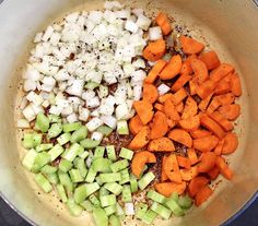 chopped vegetables in a pan with seasoning and salt on the side, ready to be cooked