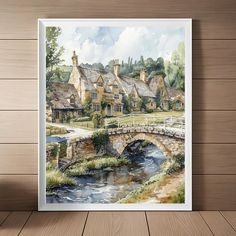 a watercolor painting of a bridge over a river in front of a house with thatched roofs