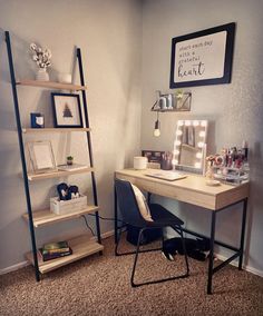 a room with a desk and shelves filled with items