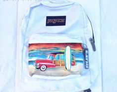 Custom Hand Painted JanSport Backpack - Sunset, Beach, Woody, and a Surfboard Painting Backpack, Puppy Backpack, Leather School Bag, Backpack Outfit, 3d Animals, Bags Ideas, Painted Tote, Animal Bag