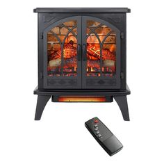 an electric fireplace with a remote control